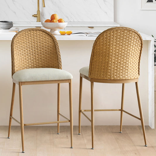 29" Modern Rattan Linen Upholstered Bar Stool Set of 2