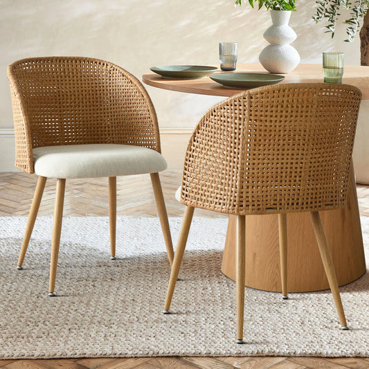 Armless Linen Upholstered Cane Dining Chair Set Of 2