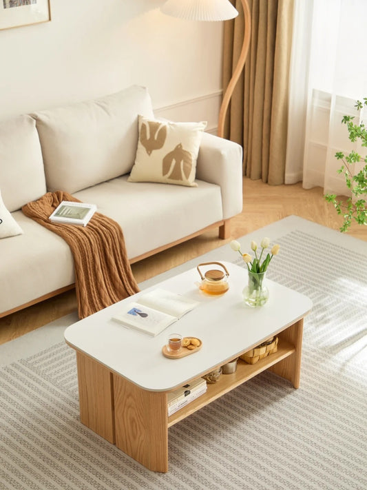 Elegant Wooden Coffee Table with White Top and Storage Shelf